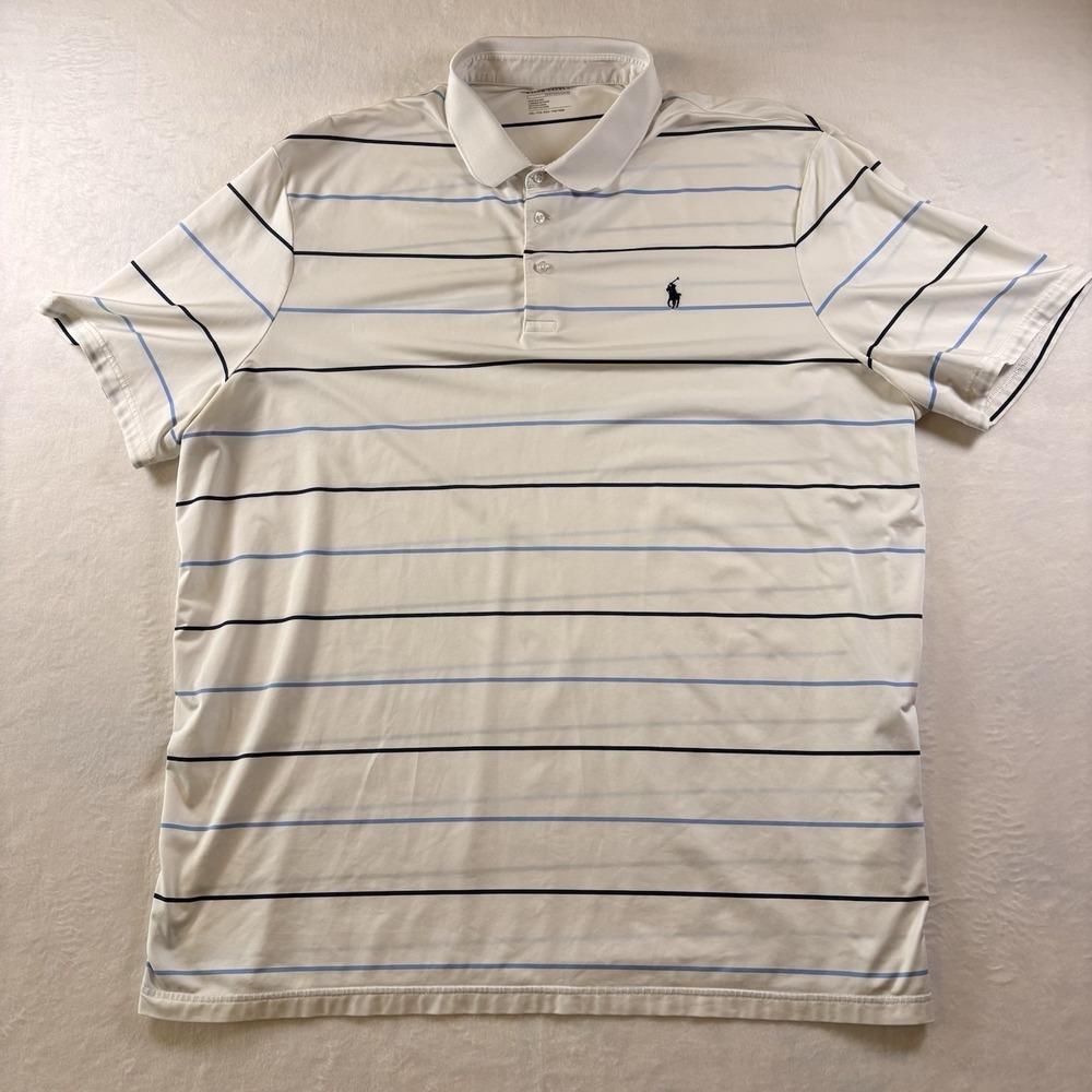 Polo Ralph Lauren White Blue Stripe Classic Fit Performance Shirt XXL Breathable